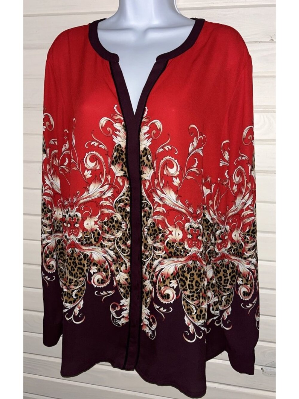 Dana Buchman Gold Label Sz 16 Tunic Red Burgundy Baroque Print Button EUC